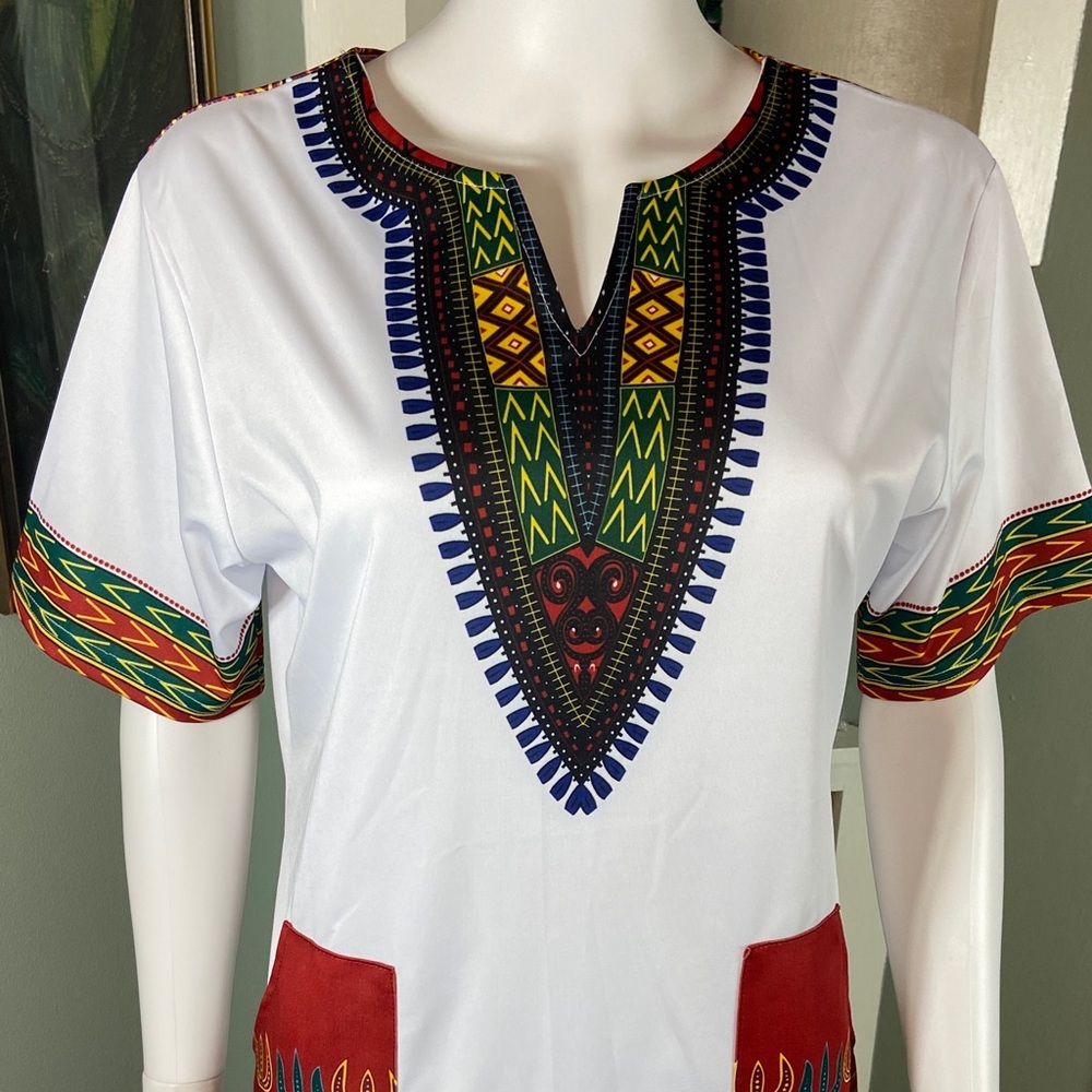 3/$12 Dashiki Midi Shift Dress Caftan African-Style L/XL Polyester Pockets Triba - Picture 6 of 9